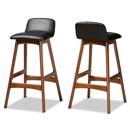 Baxton Studio Darrin Mid-Century Modern Black Faux Leather and Walnut Brown Finished Wood 2-Piece Bar Stool Set 176-11018-Zoro